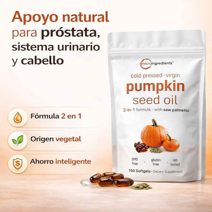 Pumpkin Seed Oil + Saw Palmetto - Apoyo natural para prostata, sistema urinario y fuerza capilar diaria