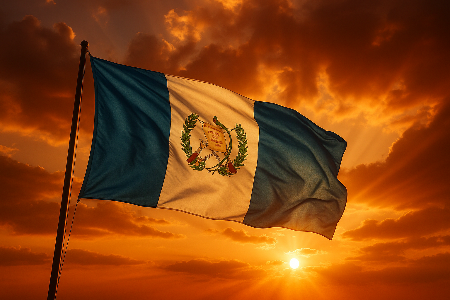 bandera de guatemala fluyendo con el viento en un atardecer naranja con nubes y rayos solares que iluminan la bandera desde el cielo