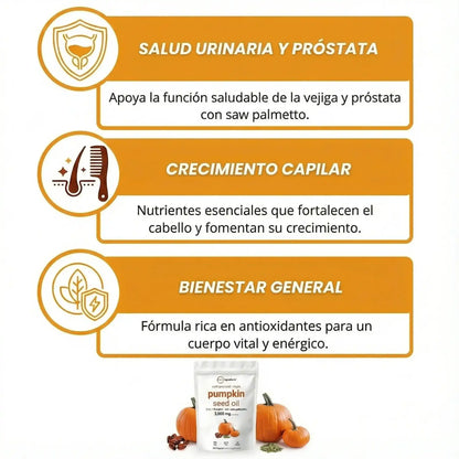 Pumpkin Seed Oil + Saw Palmetto - Apoyo natural para prostata, sistema urinario y fuerza capilar diaria