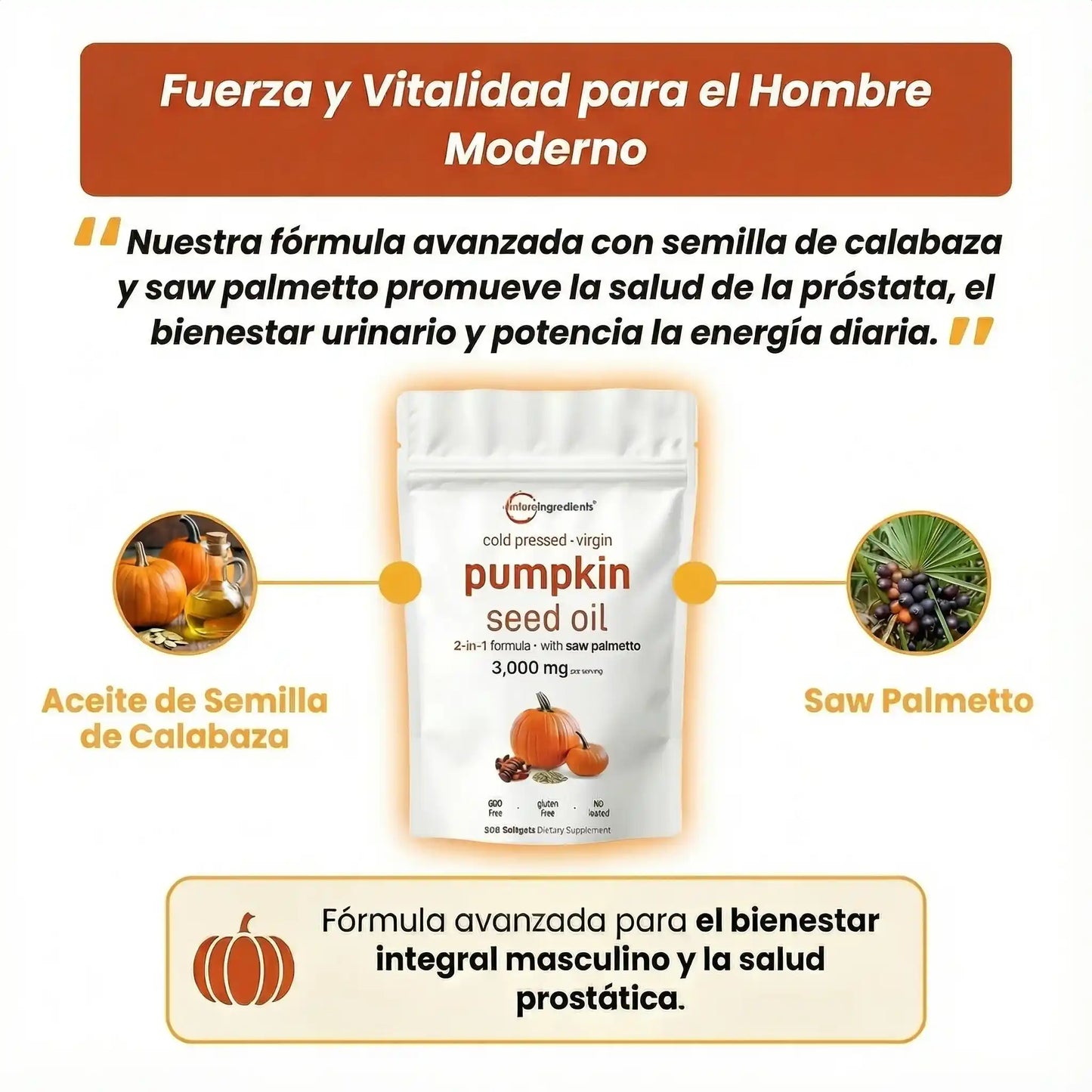 Pumpkin Seed Oil + Saw Palmetto - Apoyo natural para prostata, sistema urinario y fuerza capilar diaria