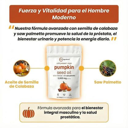 Pumpkin Seed Oil + Saw Palmetto - Apoyo natural para prostata, sistema urinario y fuerza capilar diaria