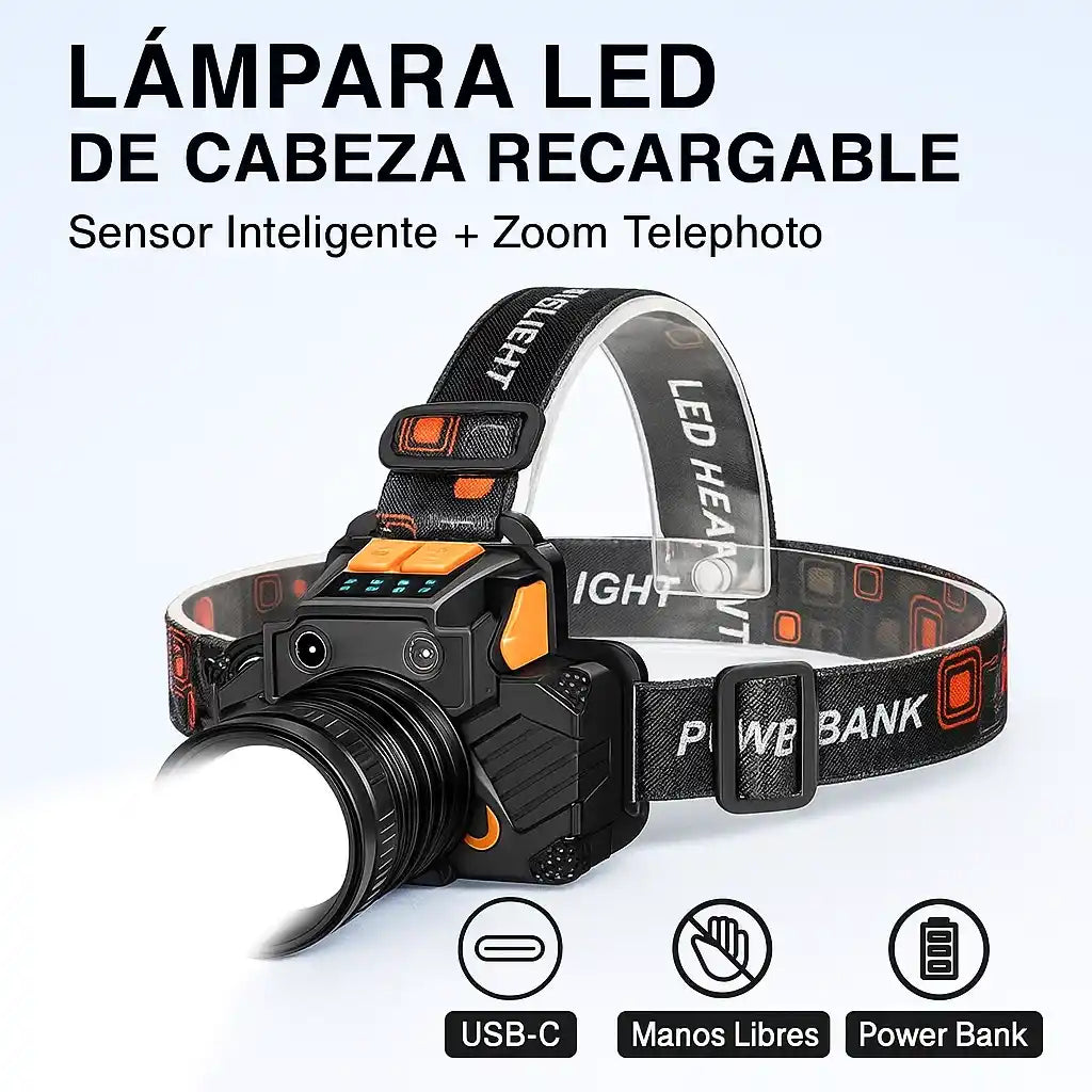Lámpara LED de Cabeza Recargable – Sensor Inteligente + Zoom Telephoto | Manos Libres