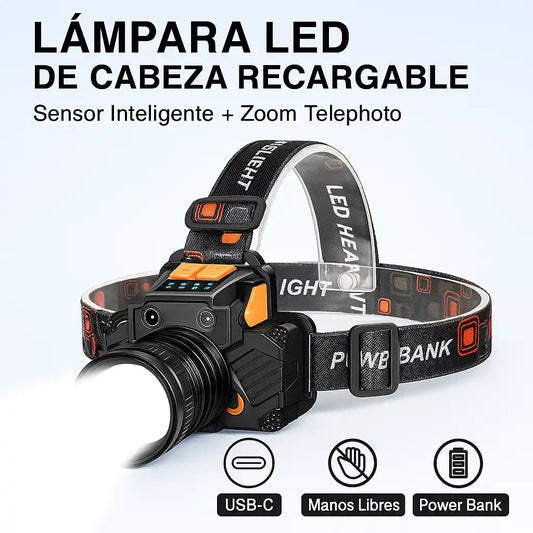 Lámpara LED de Cabeza Recargable – Sensor Inteligente + Zoom Telephoto | Manos Libres