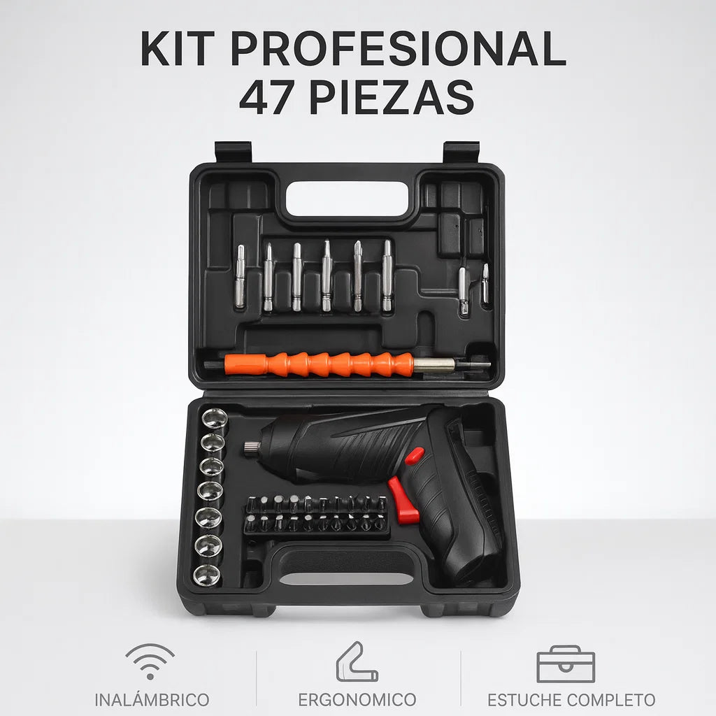 🛠️ DESTORNILLADOR INALÁMBRICO 47 PIEZAS – KIT COMPLETO MULTIUSO